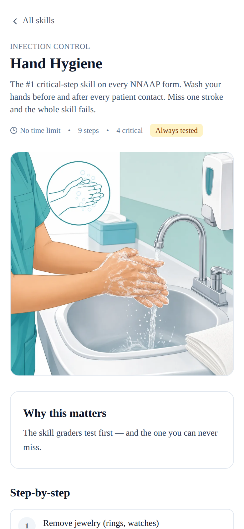 Hand Hygiene skill detail with step-by-step instructions and critical step tracking