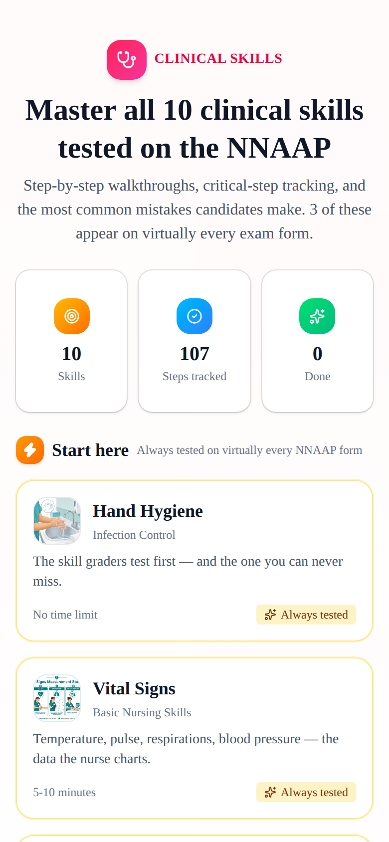 Clinical Skills list page showing 22 NNAAP skills with progress tracking