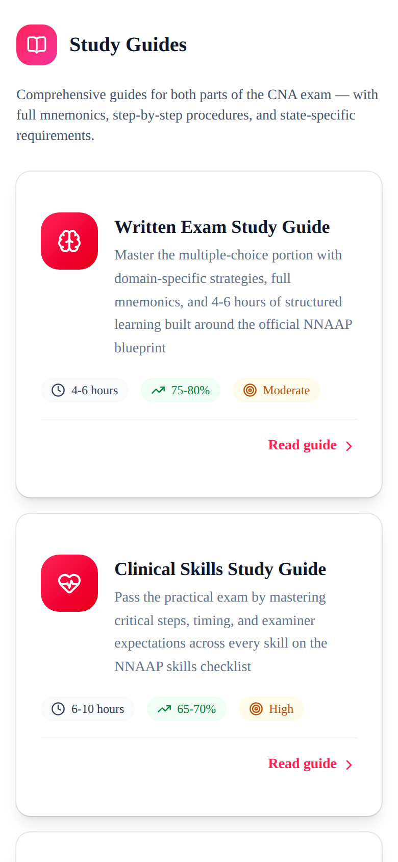 Study Guides index showing Written Exam and Clinical Skills guides